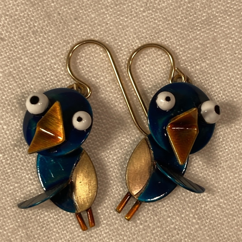 Chickenscratch Handcrafted blue bird earrings on gold hooks
